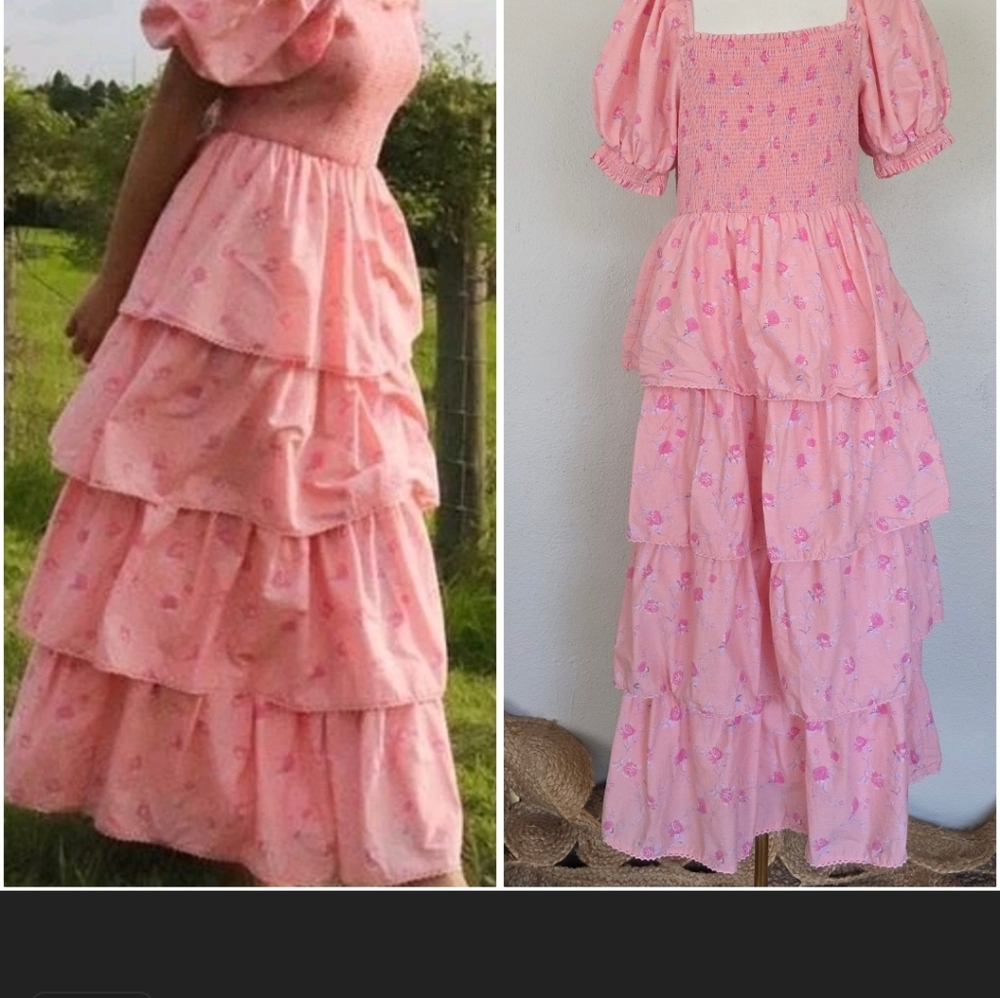 LoveShackFancy Pink Floral Tiered Maxi DressSmocked Tiered L - Picture 12 of 14